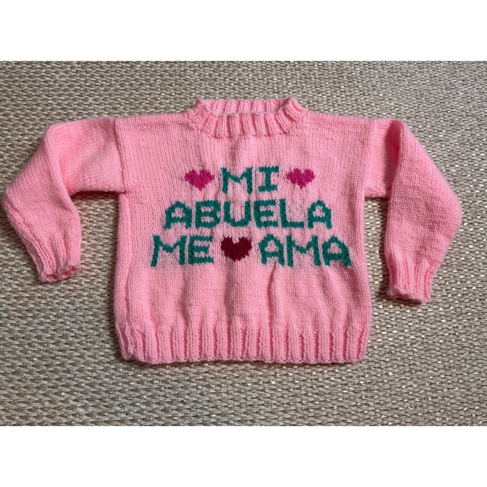 Handmade Pink Knit Mi Abuela Me Ama Kids Sweater Spanish grandma Cottagecore